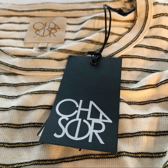 NWT CHASER Long Sleeve Cold Shoulder Top with Black & Metallic Gold Stripes Med - Picture 11 of 16